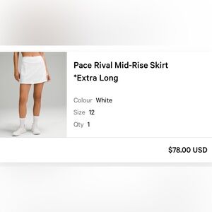 Lululemon | Pace Rival Mid-Rise Skirt | Extra Long | White | Size 12